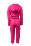 Rose Red Casual Solid Color Zipper Hooded Long Sleeve Two Pieces