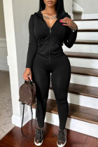 Black Casual Solid Color Patchwork Zipper Hooded Long Sleeve Two Pieces