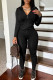 Black Casual Solid Color Patchwork Zipper Hooded Long Sleeve Two Pieces