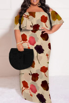 Khaki Sexy Geometric Print Floral Print Contrast Off Shoulder Printed Plus Size Dresses