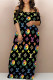 Black Sexy Letter Print Gradient Pocket Contrast V Neck Printed Dresses