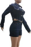 Deep Blue Street Solid Color Pocket Buttons Patchwork Zipper Turndown Collar Long Sleeve Two Pieces