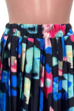 Blue Elegant Print Buckle Patchwork Ruched Turndown Collar Long Sleeve Two Pieces
