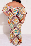 Blue Purple Sexy Geometric Print Floral Print Contrast Off Shoulder Printed Plus Size Dresses