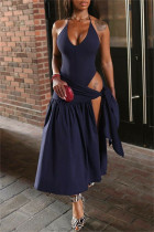 Navy Blue Sexy Solid Color Backless Belted Spaghetti Strap Sleeveless Two Pieces