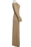 Khaki Elegant Solid Color Patchwork Backless Off Shoulder Long Sleeve Two Pieces