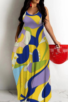 Yellow Casual Print Backless Spaghetti Strap Long Dresses