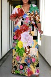 Blue Casual Floral Print Belted V Neck Long Plus Size Dresses