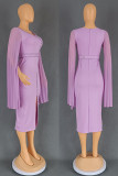 violet Elegant Solid Color Patchwork High Slit Hot Drill Zipper O Neck Long Dresses