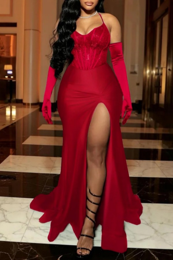 Red Sexy Formal Solid Color Sequins Patchwork Backless Slit Spaghetti Strap Long Dresses (With Sleeves)