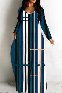 Tibetan Blue Casual Striped Print Basic V Neck Long Dresses