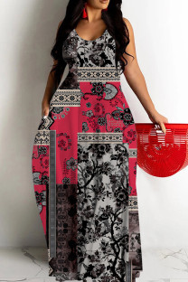 Black Red Casual Print Backless Spaghetti Strap Long Dresses