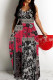 Black Red Casual Print Backless Spaghetti Strap Long Dresses