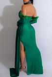 Green Elegant Solid Color Patchwork Feathers Backless High Slit Strapless Evening Dresses