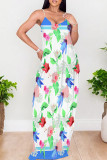 Multicolor Casual Floral Print Backless Spaghetti Strap Long Dresses