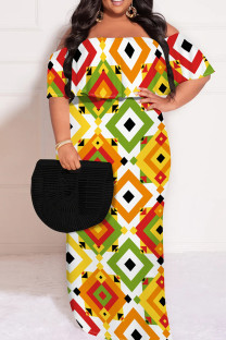 White Casual Print Patchwork Off Shoulder Long Plus Size Dresses