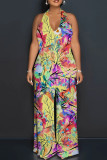 Pink Purple Casual Floral Print Backless Halter Regular Jumpsuits
