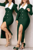 Ink Green Casual Solid Color Slit Turndown Collar Long Sleeve Dresses
