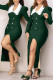 Ink Green Casual Solid Color Slit Turndown Collar Long Sleeve Dresses