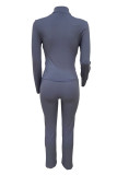 Grey Casual Solid Color Basic Zipper Collar Long Sleeve Two Pieces