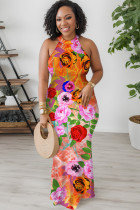 Pink Casual Floral Print Hollow Out O Neck Long Dresses