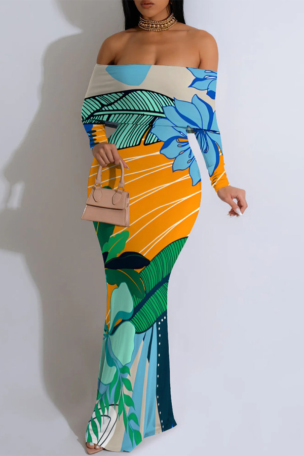 Green Sexy Floral Print Stripe Contrast Off Shoulder Printed Dresses