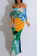 Green Sexy Floral Print Stripe Contrast Off Shoulder Printed Dresses