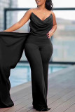 Rose Red Sexy Formal Solid Color Backless Ruched Spaghetti Strap Bodycon Jumpsuits