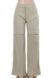 Khaki Casual Solid Color Pocket Buttons Patchwork Zipper Straight High Waist Straight Patchwork Bottoms
