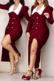 Ink Green Casual Solid Color Slit Turndown Collar Long Sleeve Dresses