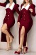 Burgundy Casual Solid Color Slit Turndown Collar Long Sleeve Dresses