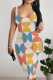 Blue Yellow Sexy Print Patchwork U Neck Wrapped Skirt Dresses
