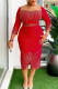 Red Casual Patchwork Hot Drill O Neck Wrapped Skirt Dresses