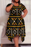 Greenish Yellow Casual Print Patchwork O Neck Irregular Plus Size Dresses