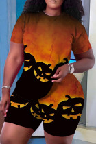Black Orange Casual Print Basic O Neck Short Sleeve Two Pieces