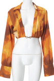 Orange Sexy Print Buttons Patchwork Deep V Neck Tops