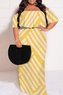 Yellow White Casual Print Patchwork Off Shoulder Long Plus Size Dresses