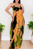 Multicolor Casual Floral Print Backless Spaghetti Strap Long Dresses