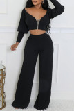Army Green Casual Solid Color Patchwork Zipper Zipper Collar Long Sleeve Two Pieces