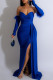 Blue Elegant Solid Color Patchwork Feathers Backless High Slit Strapless Evening Dresses