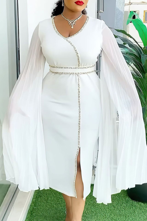 White Elegant Solid Color Patchwork High Slit Hot Drill Zipper O Neck Long Dresses