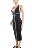 Black Elegant Patchwork Backless High Slit Hot Drill Deep V Neck Wrapped Skirt Dresses