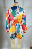 Orange Red Casual Print Buckle Patchwork Turndown Collar Long Sleeve Two Pieces