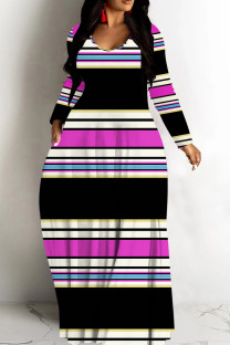 Rose Red Casual Striped Print Basic V Neck Long Dresses