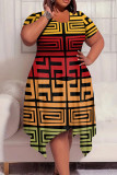 Greenish Yellow Casual Print Patchwork O Neck Irregular Plus Size Dresses