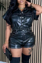 Black Casual Solid Color Buttons Turndown Collar Regular Rompers