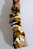 Yellow Black Sexy Floral Print Stripe Contrast Off Shoulder Printed Dresses
