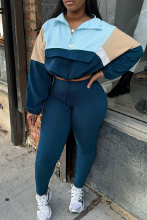 Blue Casual Draw String Patchwork Zipper Contrast Zipper Collar Long Sleeve Two Pieces