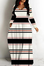 Apricot Casual Striped Print Basic V Neck Long Dresses