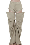 Khaki Casual Solid Color Pocket Buttons Patchwork Zipper Straight High Waist Straight Patchwork Bottoms